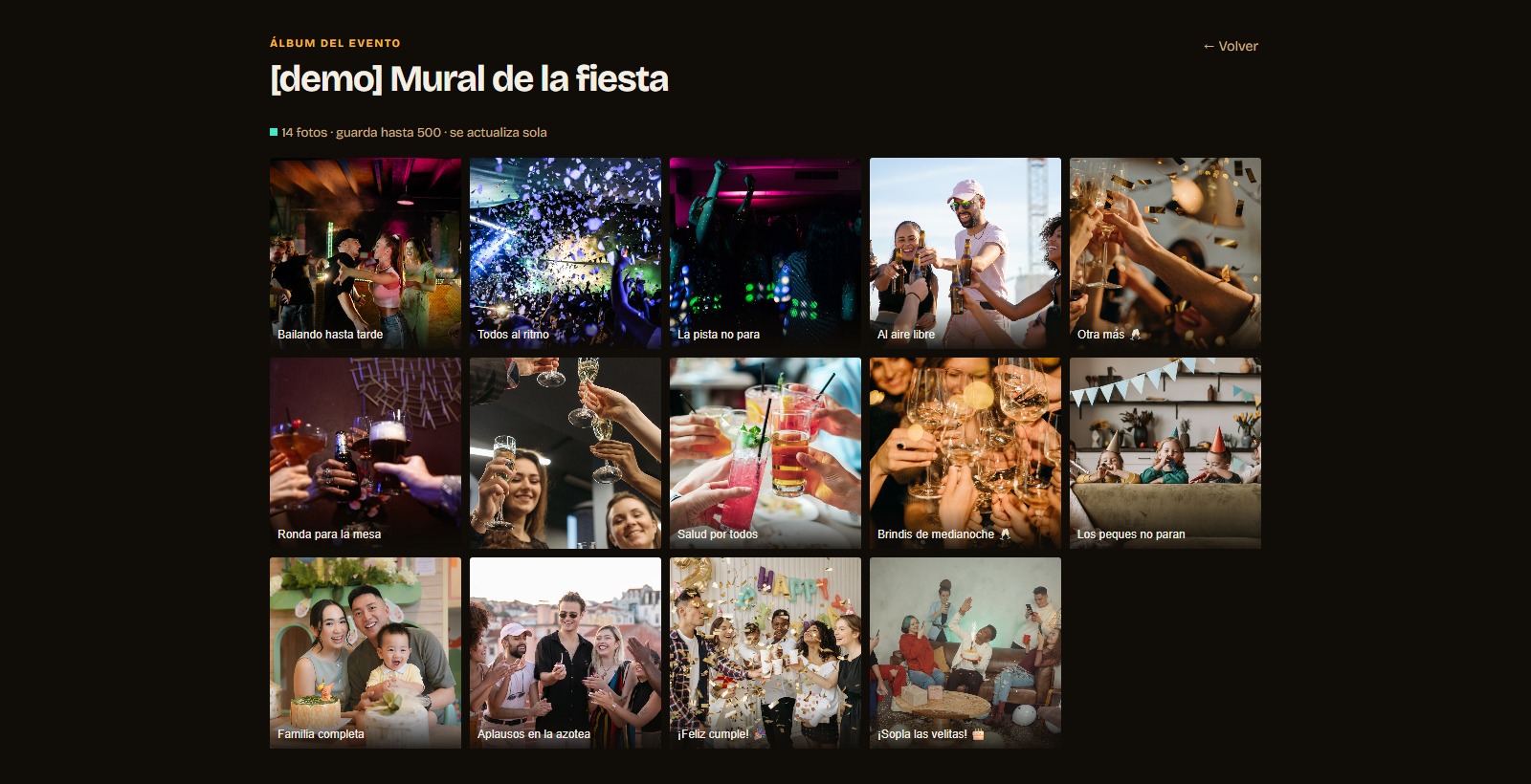 El álbum del evento: una grilla con 14 fotos que mandaron los invitados, cada una con su pie de foto, y el contador '14 fotos · guarda hasta 500 · se actualiza sola'.