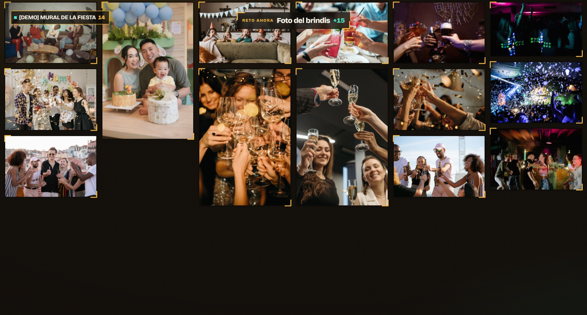 La pantalla en modo mural: una cuadrícula que llena todo el TV con las fotos que mandaron los invitados, cada una con marco de esquinas ámbar.