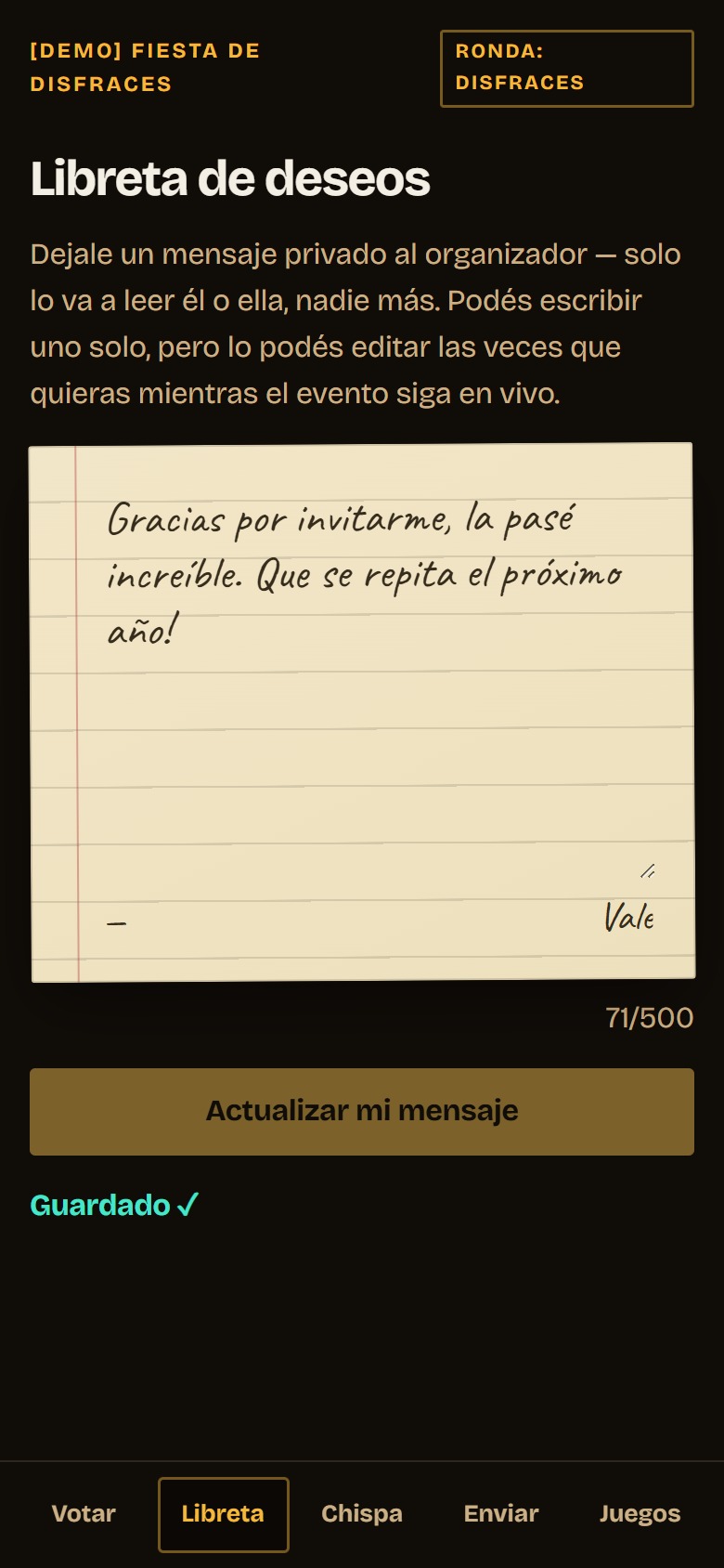La Libreta de deseos en el celular: una hoja de papel con renglones y margen rojo, con el mensaje escrito a mano 'Gracias por invitarme, la pasé increíble. Que se repita el próximo año!', firmado 'Vale', y la confirmación 'Guardado' debajo.